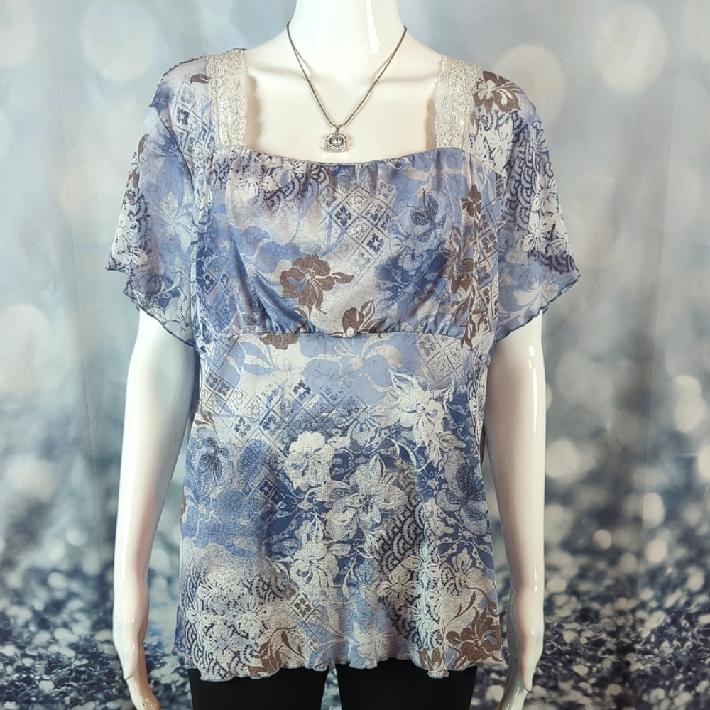 Cato Woman sz 22/24 Short Sleeve Floral Print Babydoll Top With Lace Accents